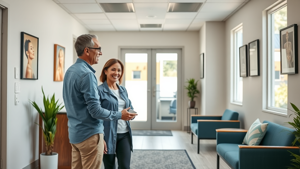 Modern back pain chiropractor Gig Harbor office interior with friendly chiropractor greeting patient at entrance, soft natural lighting, comfortable seating, calm atmosphere
