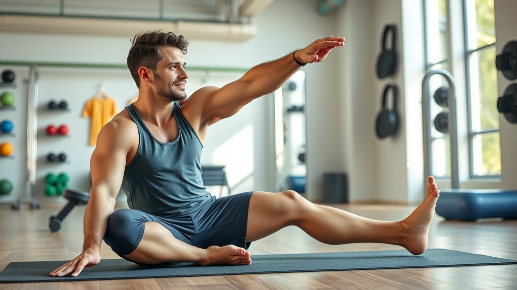 Man stretching for improved range of motion after chiropractic session in Gig Harbor rehabilitation gym