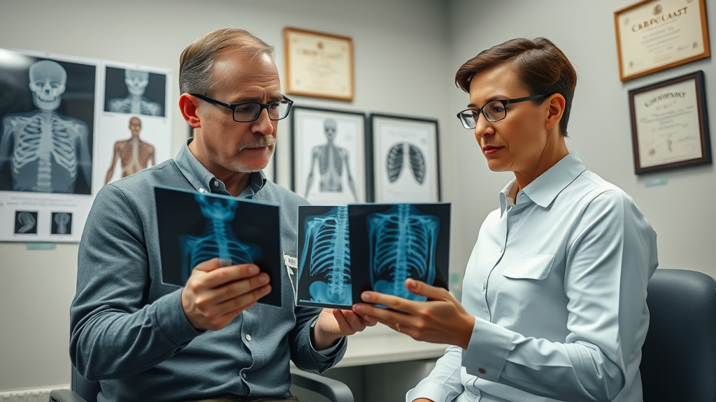 Respectable chiropractor in Gig Harbor reviewing spine x-rays with patient, demonstrating expertise and care