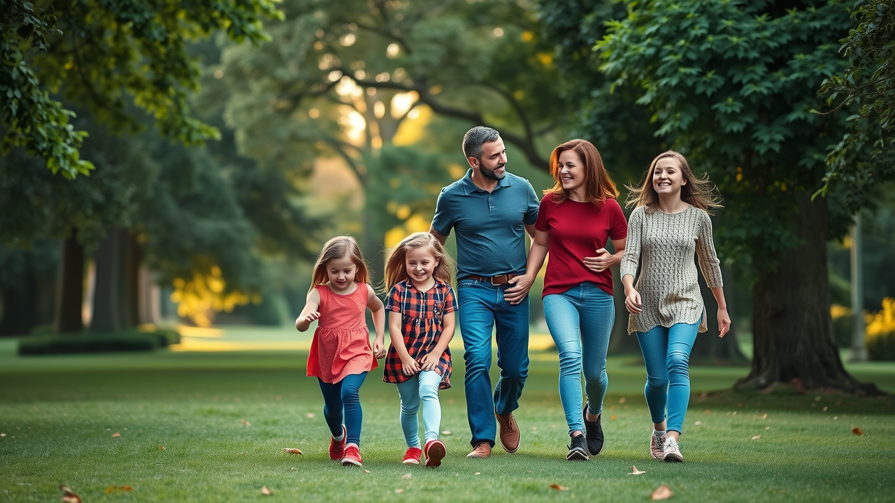Active family enjoying healthy life after receiving chiropractic care in Gig Harbor park, smiling and walking together