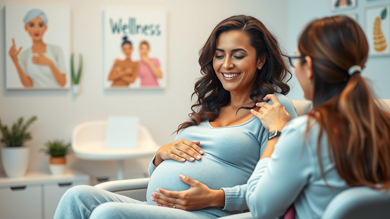 expectant mother consulting a back pain chiropractor gig harbor in a modern wellness clinic