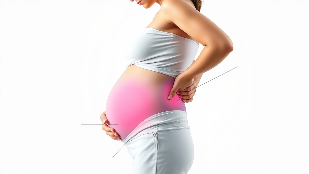 anatomical illustration showing causes of back pain during pregnancy, highlighting strain points