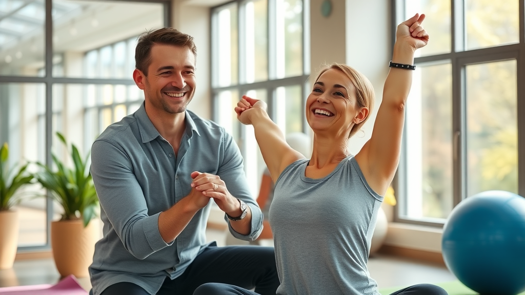 successful back pain patient stretching with harbor chiropractor in wellness center