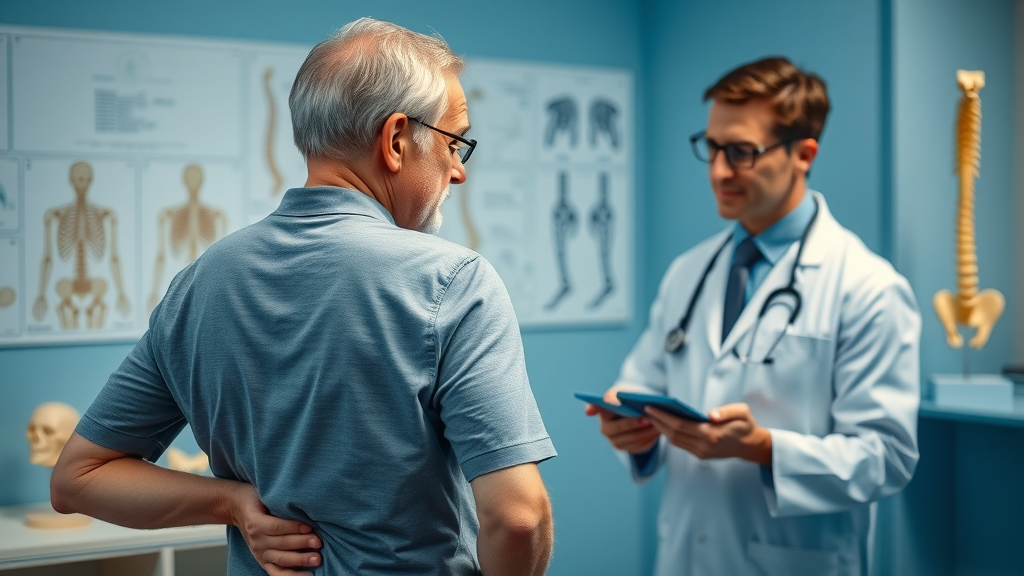 Middle-aged patient with lower back pain consulting a Gig Harbor chiropractor in clinic setting