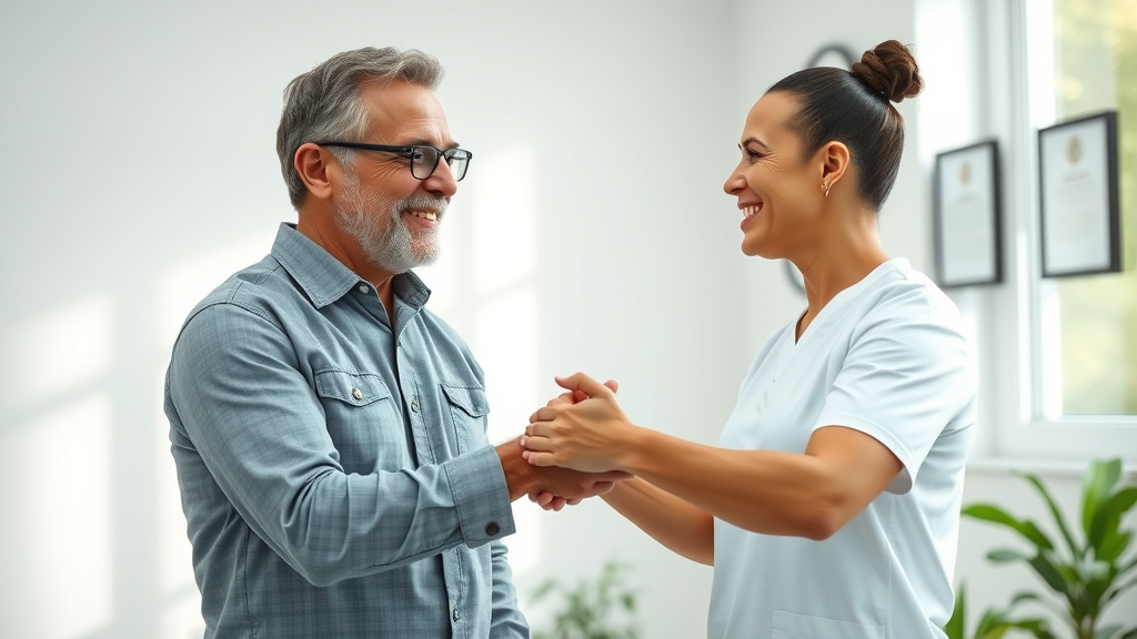 Confident chiropractor shaking hands with satisfied patient after back pain treatment in Gig Harbor