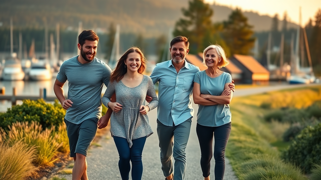Happy healthy family walking pain-free on waterfront in Gig Harbor after chiropractic care