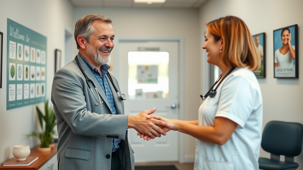 back pain chiropractor gig harbor modern clinic welcoming patient with a handshake, cheerful chiropractor, bright modern interior, photorealistic depiction