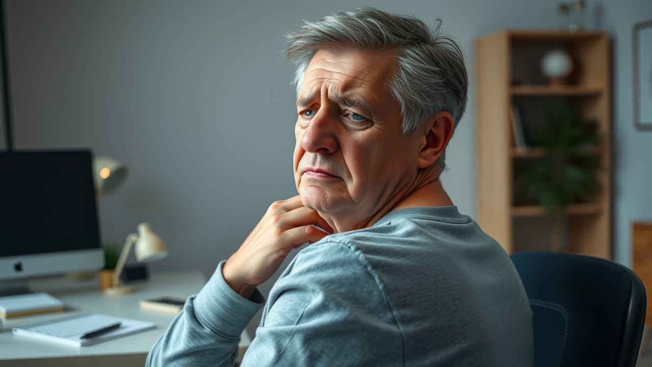 concerned adult experiencing neck and back pain at home office, poor posture, visible discomfort, back pain chiropractor gig harbor relevant imagery