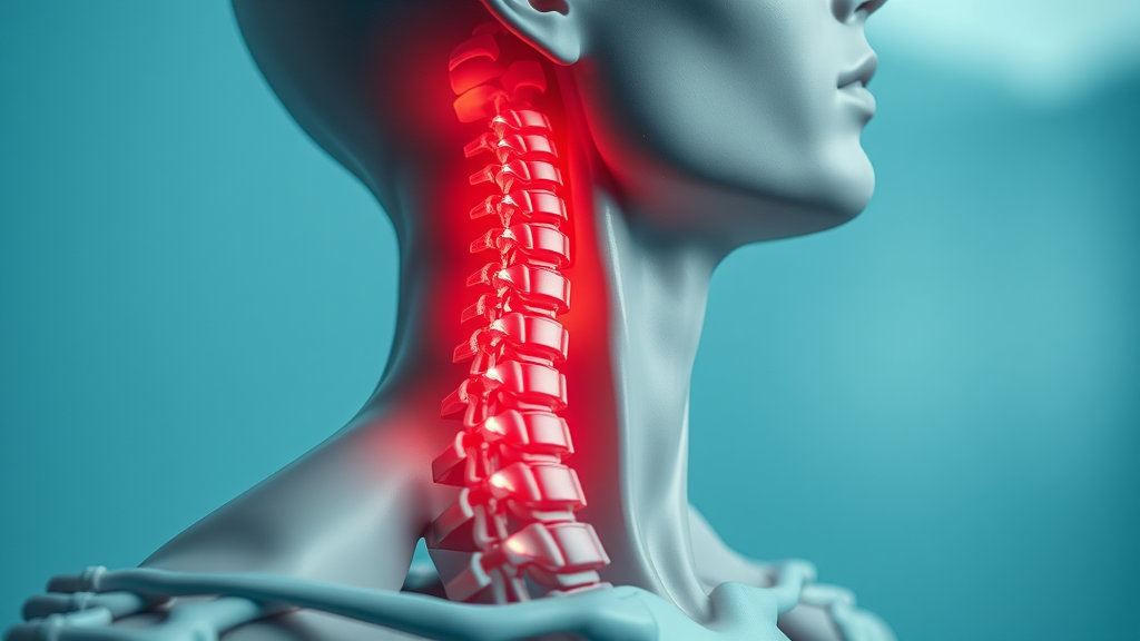 anatomically correct neck and spine model highlighting pain points for back pain chiropractor gig harbor patients, detailed medical diagram, cool tones