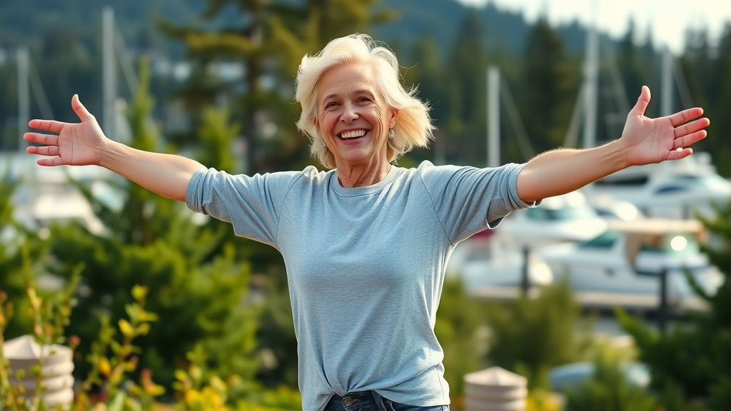 happy patient with improved posture after seeing back pain chiropractor gig harbor, outdoors in the Pacific Northwest, pain relief outcome
