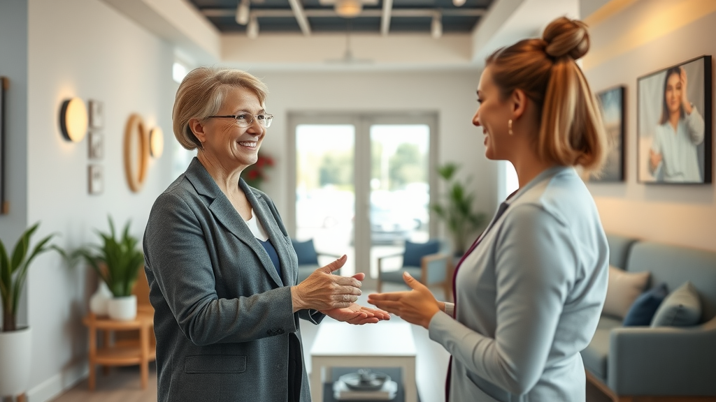Inviting chiropractic clinic lobby in Gig Harbor with a welcoming atmosphere and a smiling receptionist greeting a patient. Modern wellness center interior with cozy seating, natural light, and a focus on patient hospitality.