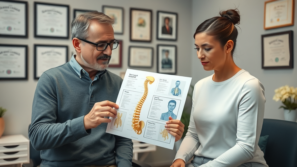 Experienced chiropractor consulting with patient using a spine diagram at a Gig Harbor chiropractic wellness center, focused on educational engagement and patient understanding.
