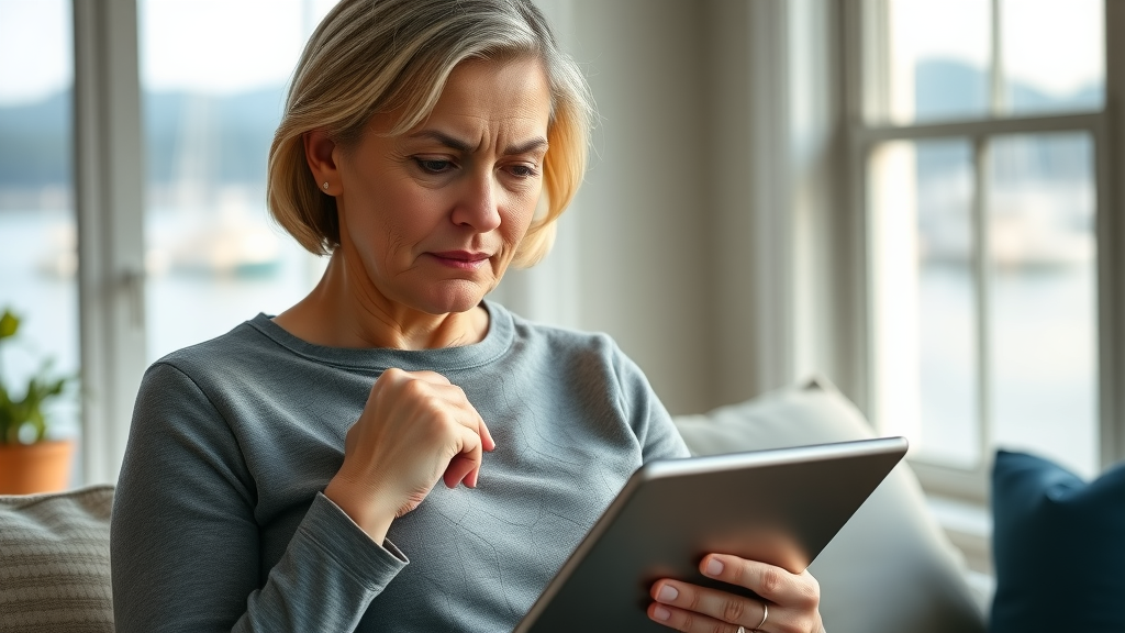 concerned middle-aged woman reviewing lower back pain symptoms gig harbor back pain chiropractor gig harbor