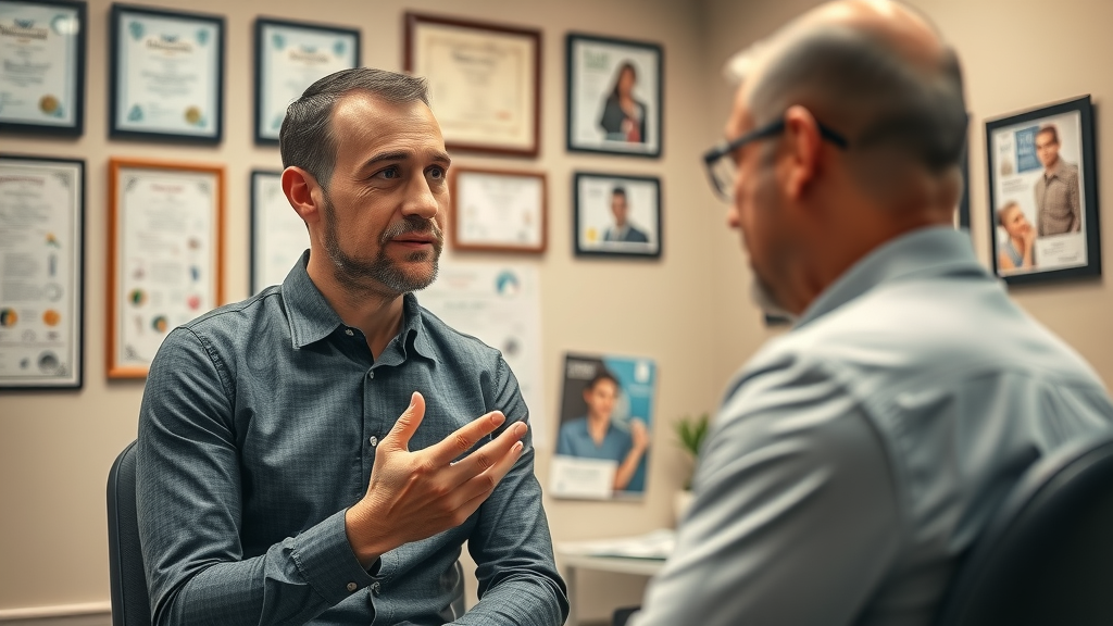 thoughtful patient asking questions consulting with back pain chiropractor gig harbor