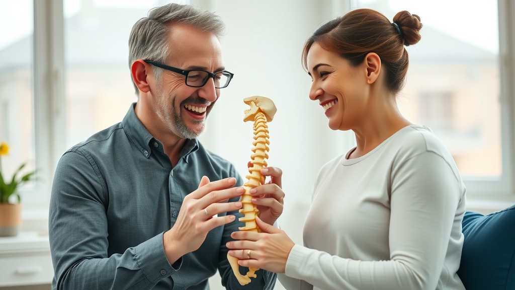 Back pain chiropractor Gig Harbor consulting with patient using spine model for pain relief