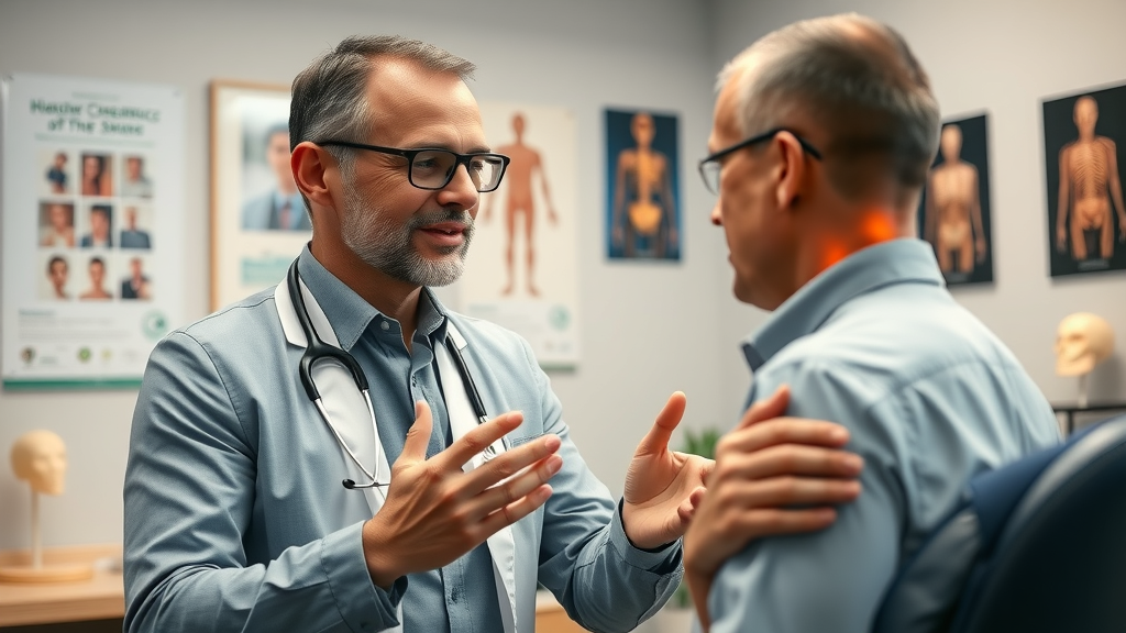 confident chiropractor consulting with patient about neck pain in Gig Harbor, modern medical office