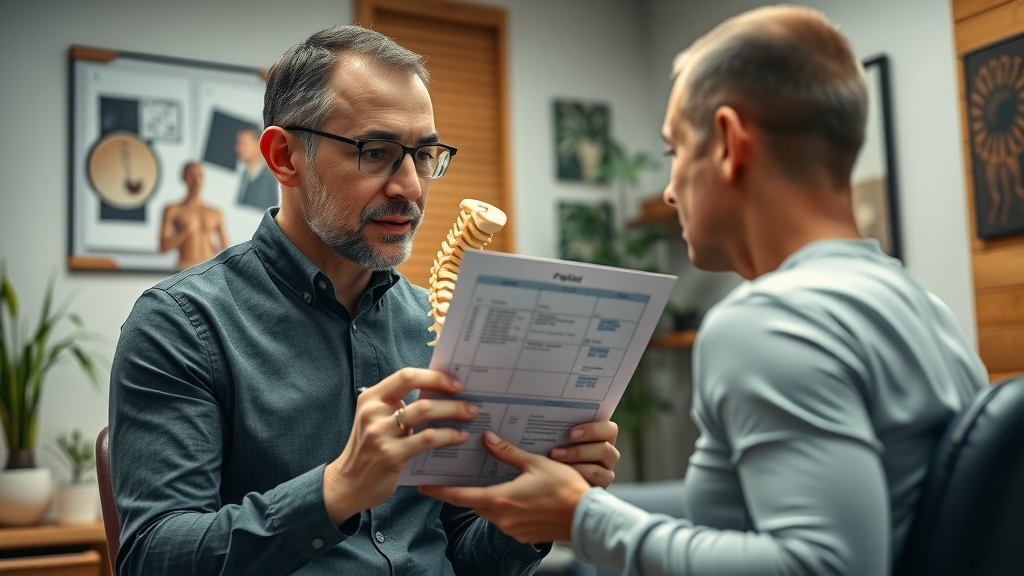 experienced chiropractor explains neck pain treatment using spine model in Gig Harbor clinic