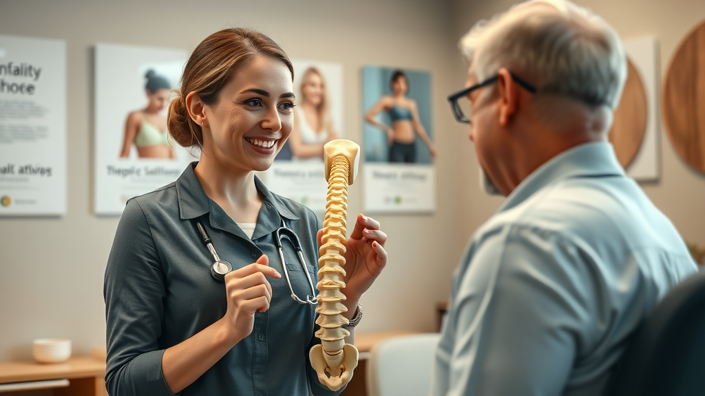 Neck pain chiropractor Gig Harbor: Female chiropractor explains spine anatomy to patient in Gig Harbor wellness center, lifelike photorealism.