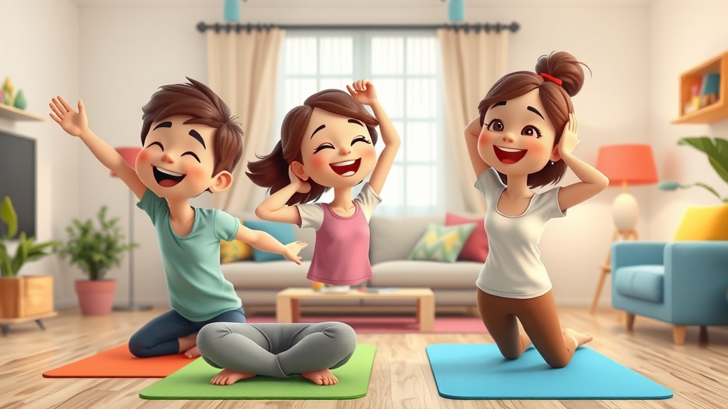 Neck pain prevention: Cheerful family practicing neck stretches at home, guided by Gig Harbor chiropractor tips, colorful cartoon-style illustration.