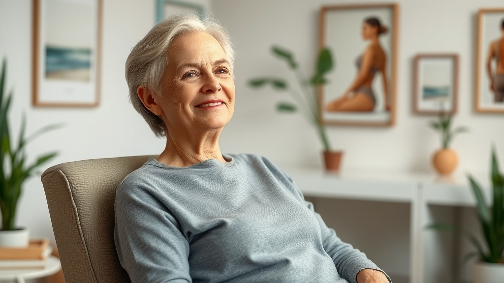 Gig Harbor neck pain chiropractor: Mature woman relaxed in wellness clinic after chiropractic session, improved posture, tranquil photorealistic setting.