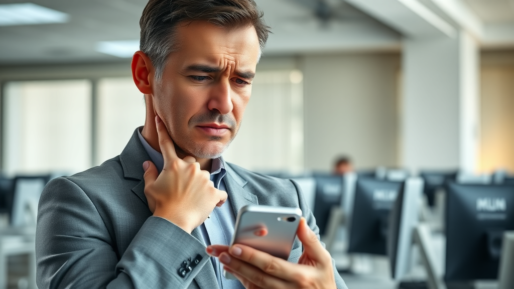 Worried professional with neck pain from tech neck holding neck, glowing smartphone in hand, ergonomic misalignment in an office setting - neck pain chiropractor Gig Harbor
