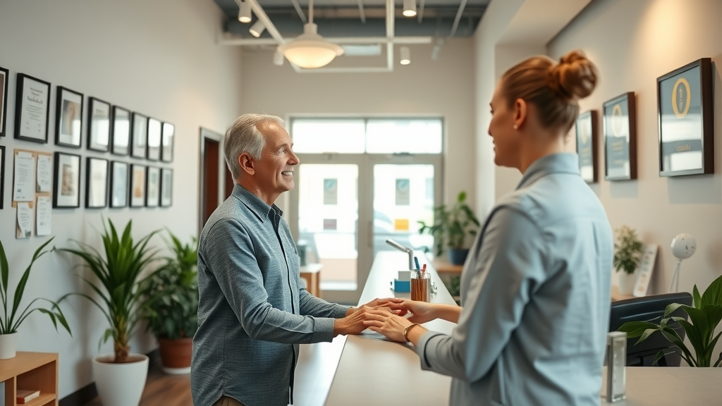 Modern chiropractic clinic lobby in Gig Harbor, welcoming with certificates, patient at reception desk - neck pain wellness