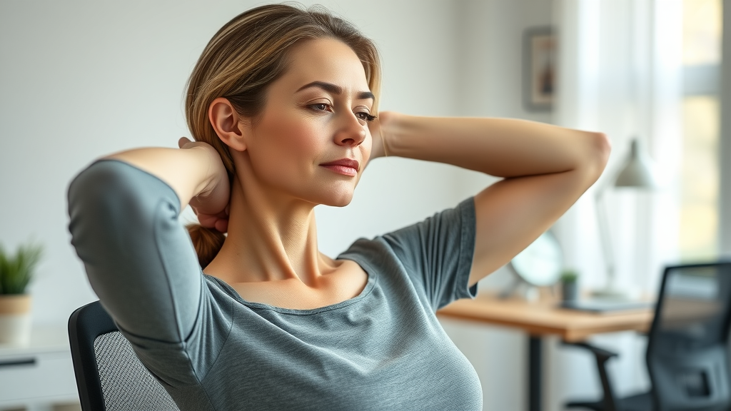 Woman stretching neck with perfect ergonomic posture in home office, neck pain prevention - neck pain chiropractor Gig Harbor