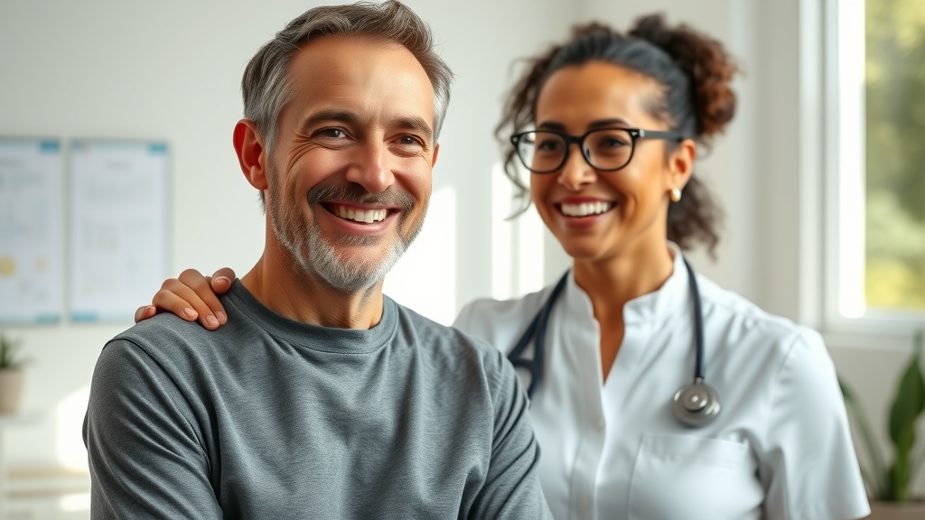 Relieved patient smiling with chiropractor after successful treatment for neck pain, bright clinic in Gig Harbor
