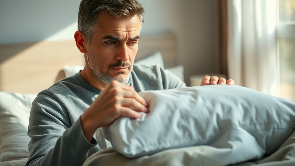 concerned adult examining a pillow for neck pain chiropractor gig harbor, thoughtful expression, gently prodding pillow on a bed, cozy bedroom, soft natural light