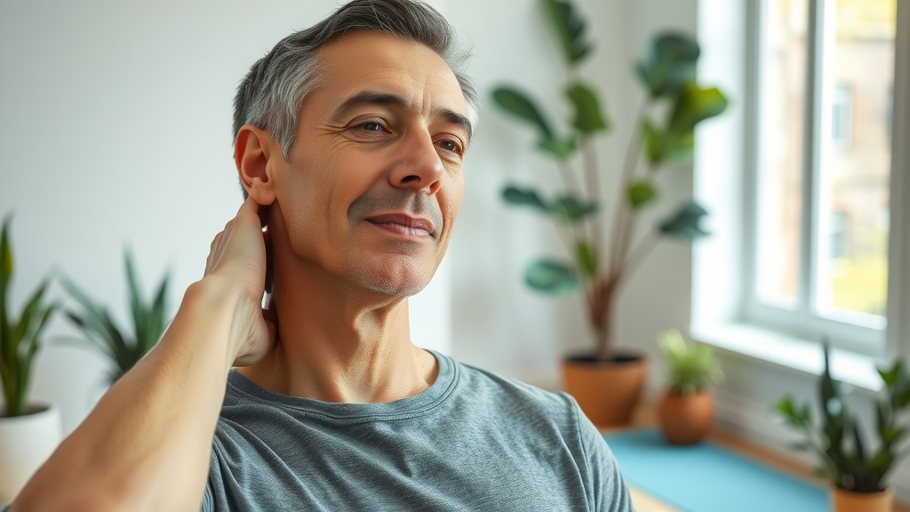 healthy adult performing gentle neck stretches for neck pain chiropractor gig harbor, bright living room, wellness