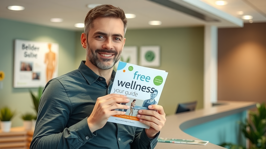 friendly chiropractor holding a free wellness guide, modern clinic reception, gig harbor chiropractor, health and wellness