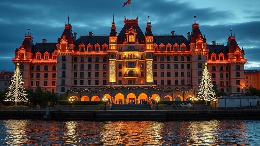 The Fairmont Empress hotel illuminated for Christmas in Victoria Canada along the Inner Harbour