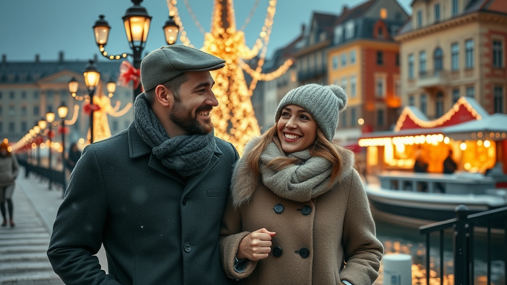 Couple enjoying Christmas lights along Victoria