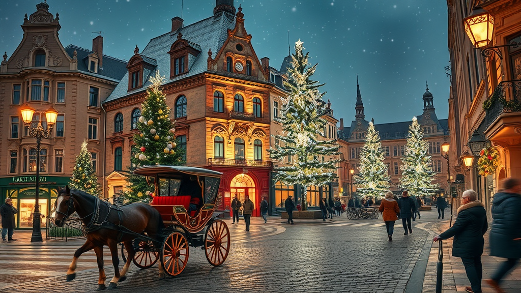 Victorian buildings glowing with Christmas lights in Victoria Canada