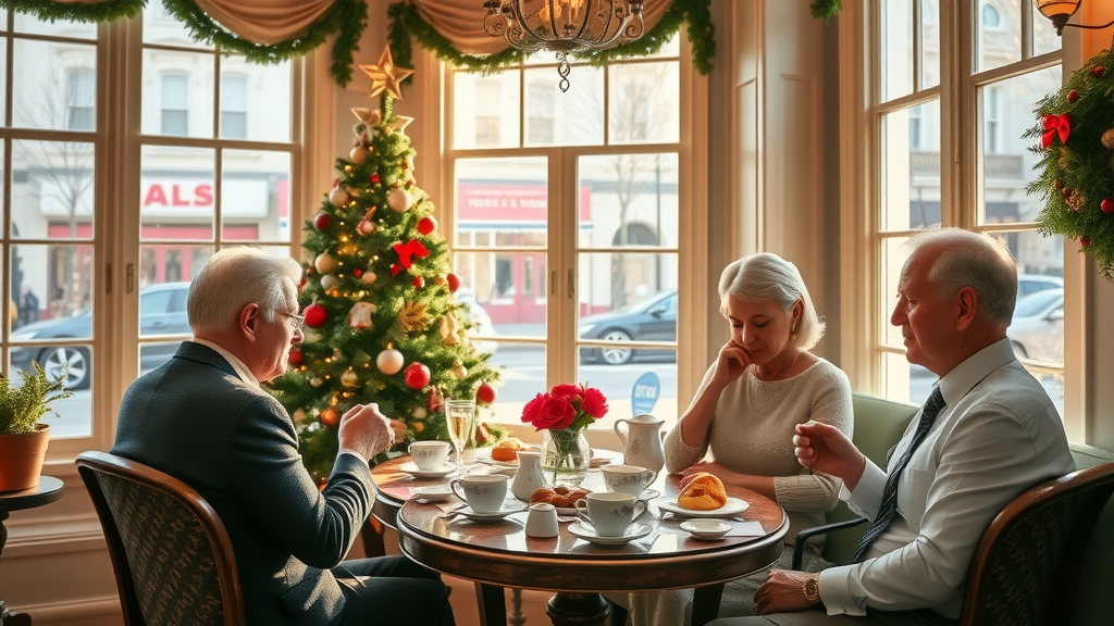 Afternoon tea beside Christmas tree in Victoria Canada holiday tearoom