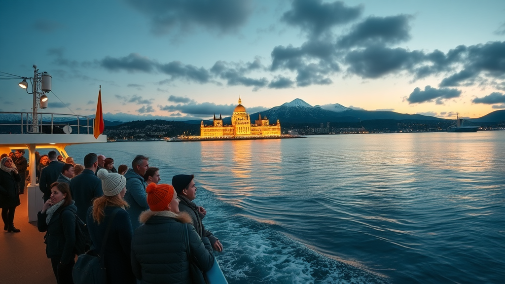 View of Christmas-lit parliament from ferry arriving in Victoria Canada
