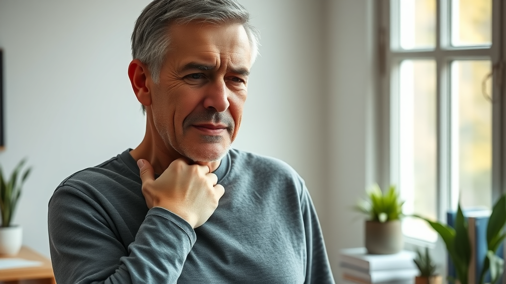 Middle-aged person experiencing neck pain in a home office in Gig Harbor, demonstrating discomfort—chronic neck pain chiropractor Gig Harbor. Photorealistic, gently lit scene.
