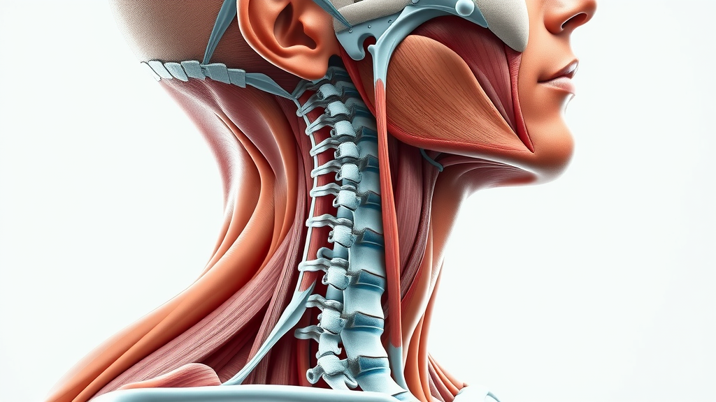 Anatomical illustration showing human neck spine, muscles, and common pain areas—chronic neck pain chiropractor Gig Harbor. Clinical, clean, highly detailed.