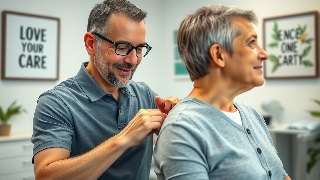 Chiropractor gently performing spinal adjustment on a patient at a wellness center in Gig Harbor—neck pain chiropractor, friendly care. Photorealistic clinic, relaxing environment.