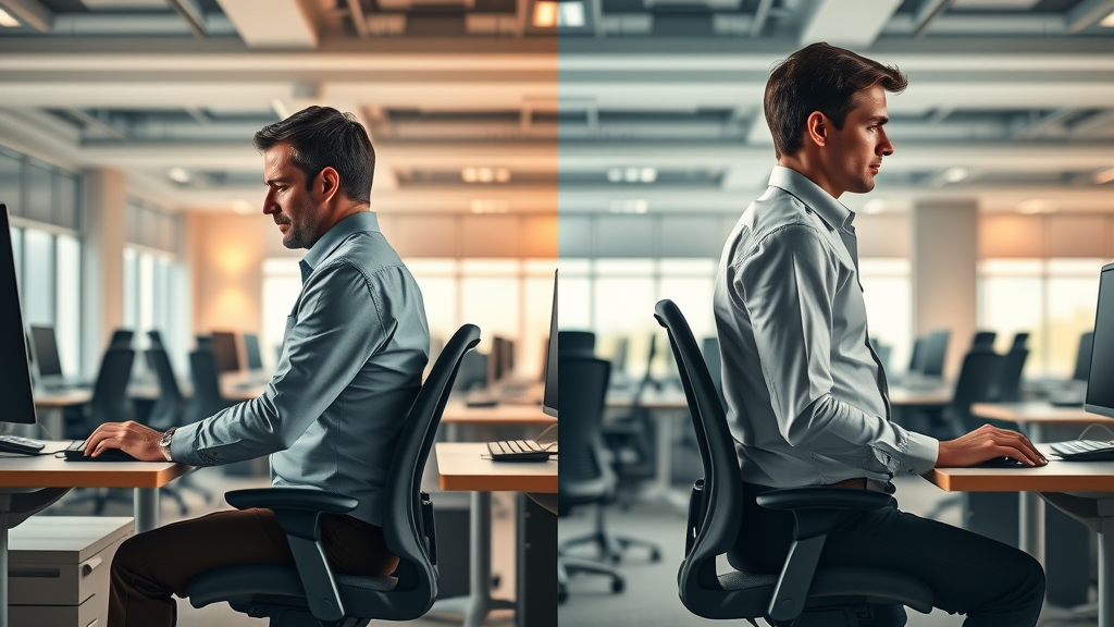 Comparison of poor vs corrected ergonomic posture at work—forward head posture, neck pain chiropractor, Gig Harbor wellness advice.