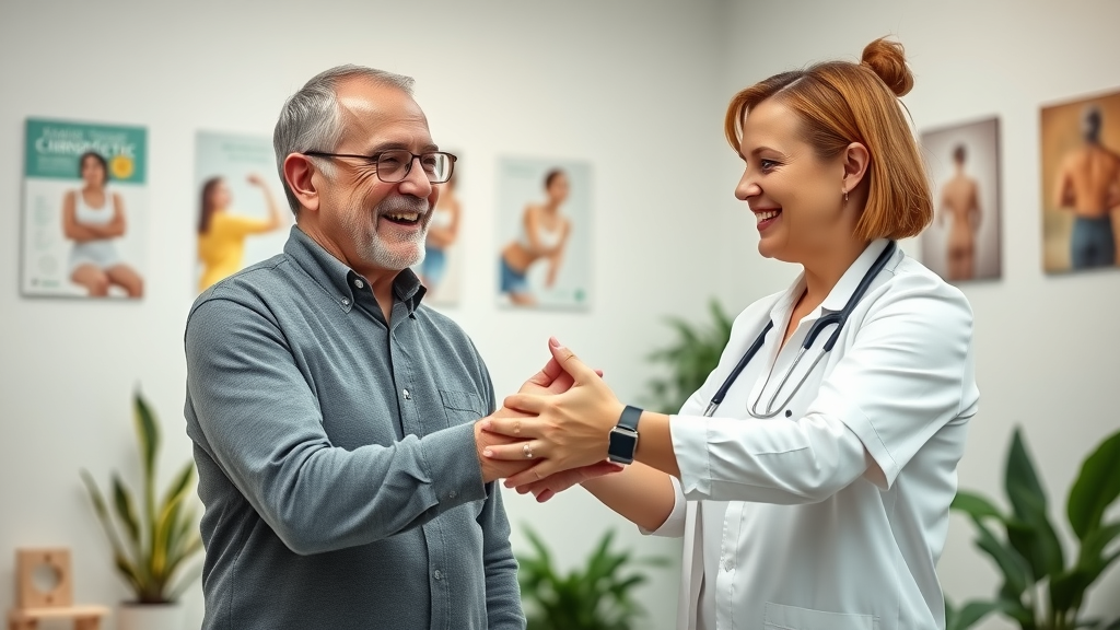 Patient celebrating success with neck pain chiropractor in Gig Harbor—joyful testimonial, positive chiropractic office atmosphere.