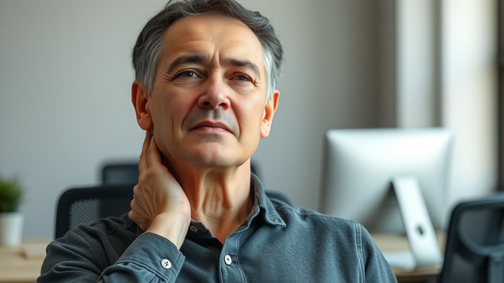 Adult with neck discomfort in ergonomic workspace holding neck, highlighting common cause for visiting a neck pain chiropractor in Gig Harbor