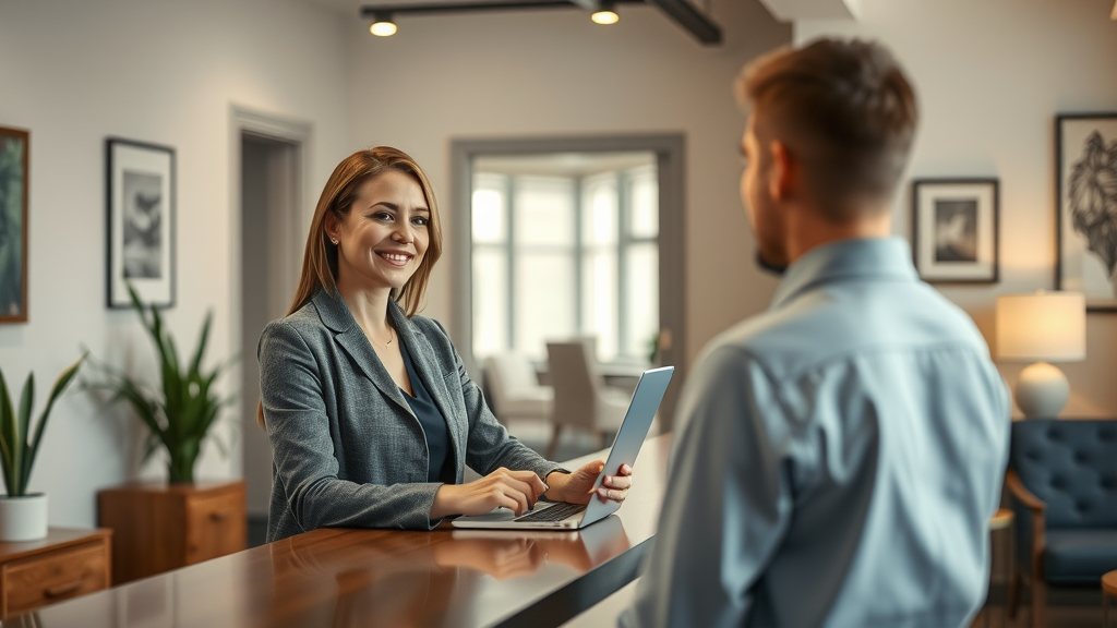 Friendly receptionist in Gig Harbor chiropractic clinic welcoming new patient for a consultation for neck pain relief