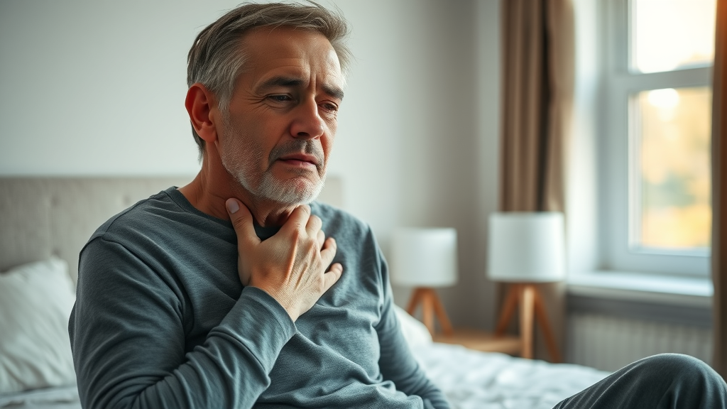 middle-aged man clutching neck in morning, neck pain chiropractor Gig Harbor, morning discomfort