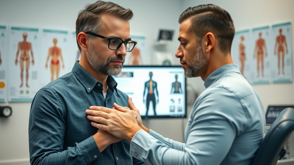 chiropractor and patient reviewing digital posture analysis, chiropractic care for neck pain Gig Harbor