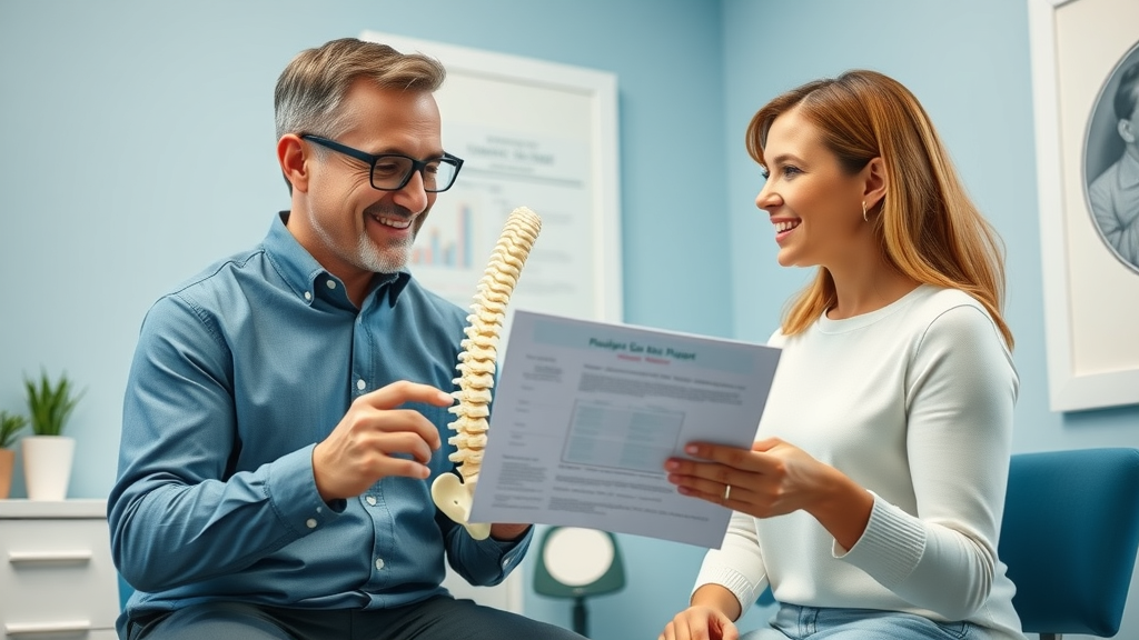 chiropractor explaining personalized care plan with spine model, Fox Chiropractic Wellness Center in Gig Harbor