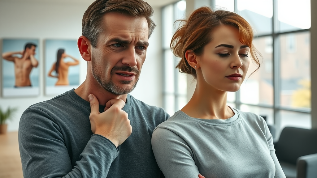 Portrait of concerned adults experiencing neck pain in a modern chiropractic wellness center in Gig Harbor