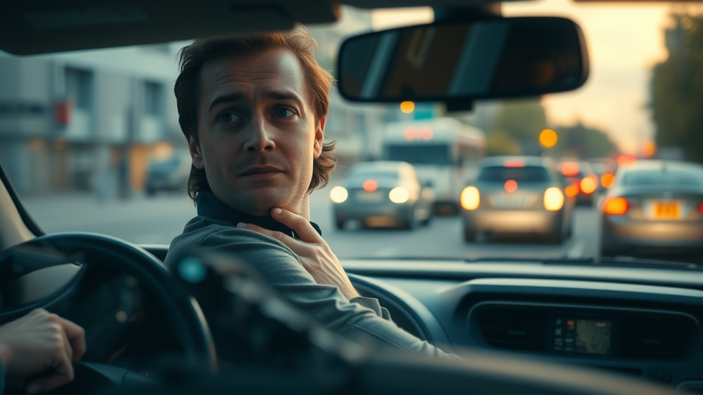 Dynamic scene of gig harbor driver experiencing neck pain after an auto accident, illustrating whiplash causes