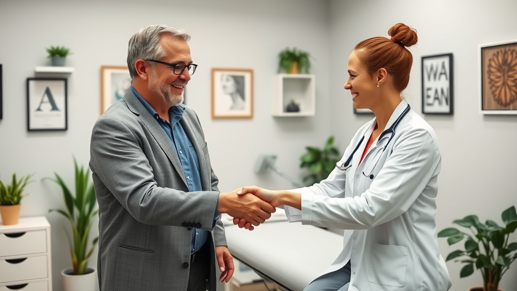 Friendly chiropractor welcomes new neck pain patient to Gig Harbor wellness center with a handshake