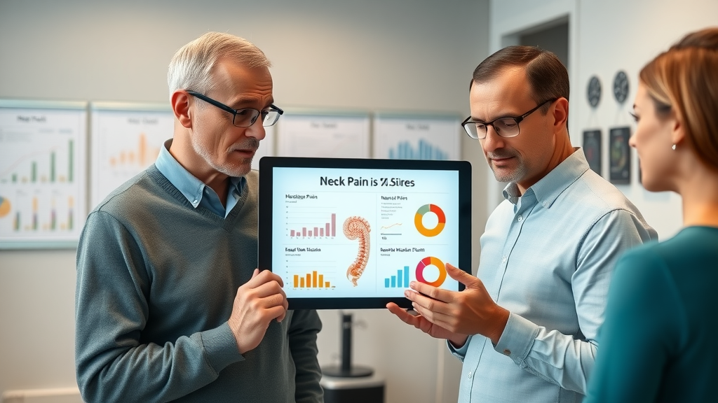 Insightful middle-aged patients and doctors reviewing neck pain statistics chart at a Gig Harbor chiropractor clinic